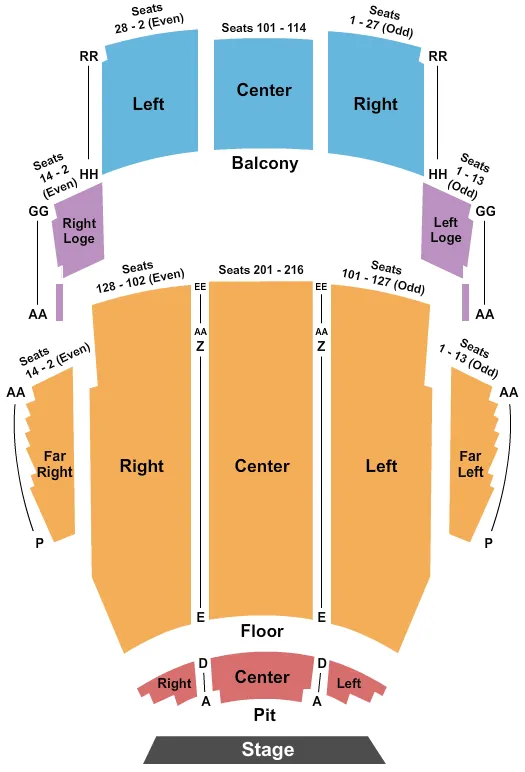 CROUSE PERFORMANCE CENTER AT VETERANS MEMORIAL CIVIC CENTER END STAGE Seating Map Seating Chart